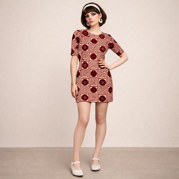 Tracy Negoshian Dresses & Skirts - Tracy Negoshian Mod Mini Dress XS Red Geometric Print Retro 60s Shift Style